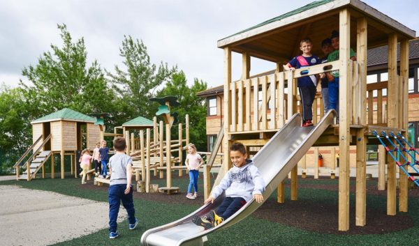 children using a playground tower system